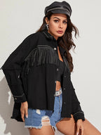 Beaded Loose Jacket Denim With Fringed Fringe