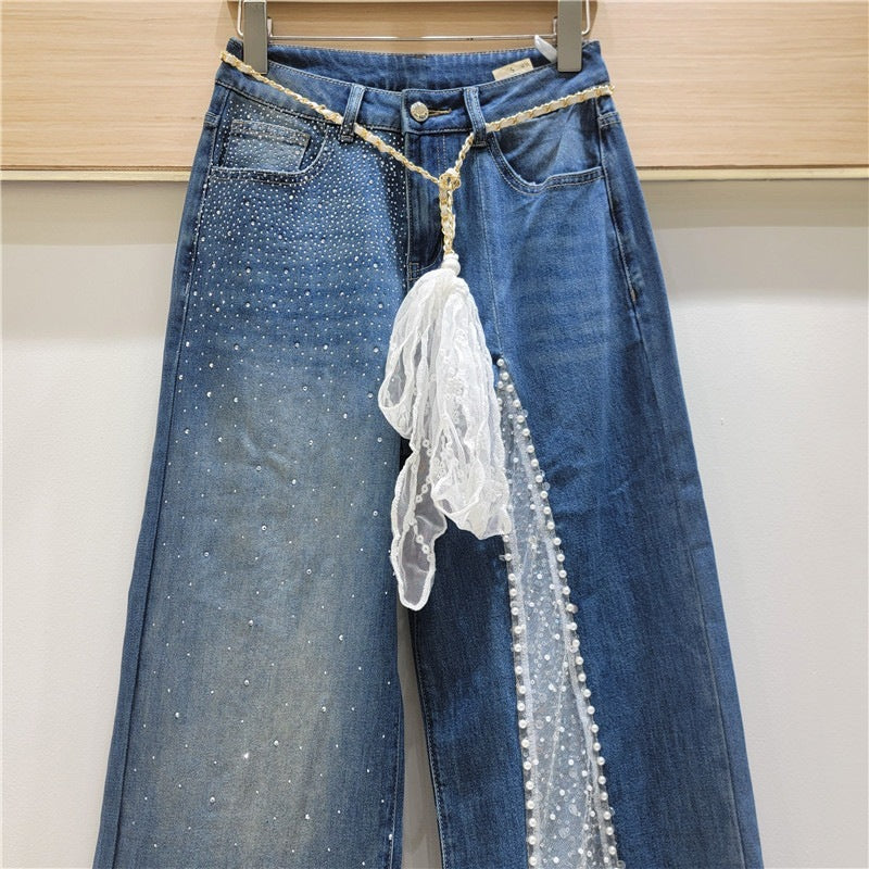 Lace Stitching Rhinestone Jeans