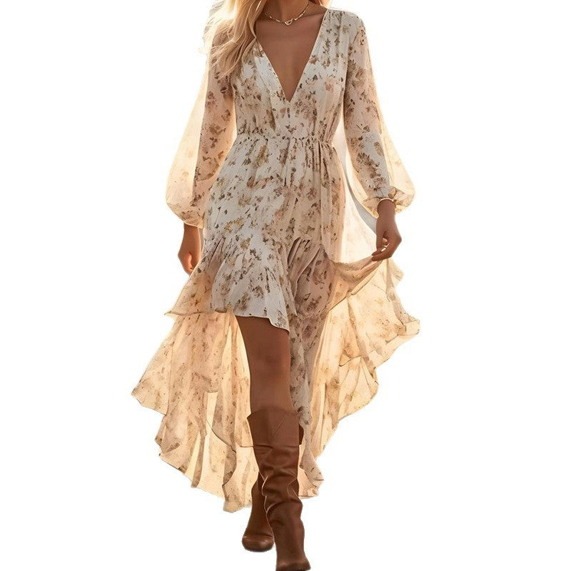 V-neck Irregular Hem Printed Long Sleeve Dress