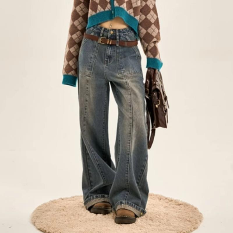 Thin Gradient Vintage Jeans Women Loose Wide-leg Straight Pants