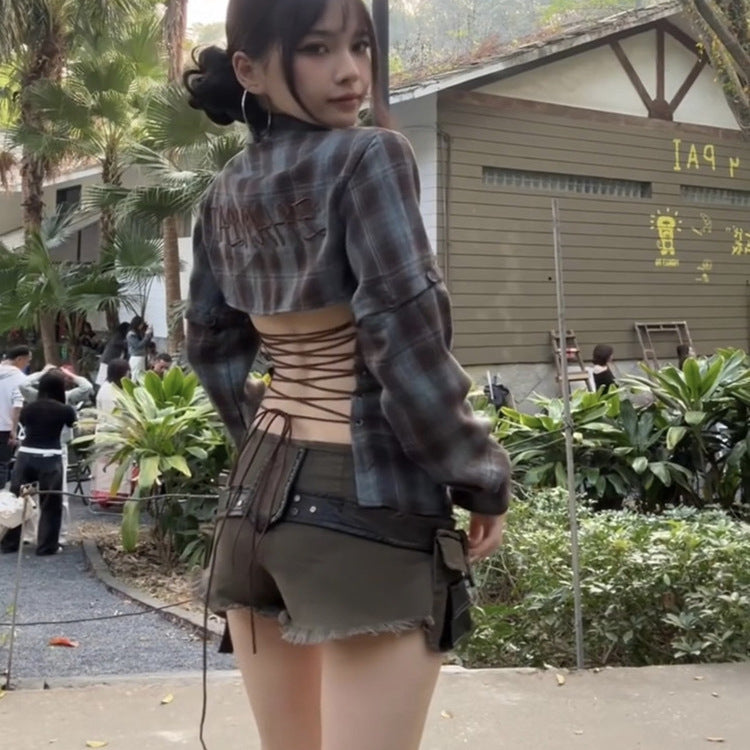 American Hot Girl Backless Lace Up Plaid Shirt Women's Spring And Summer New Slim Fit