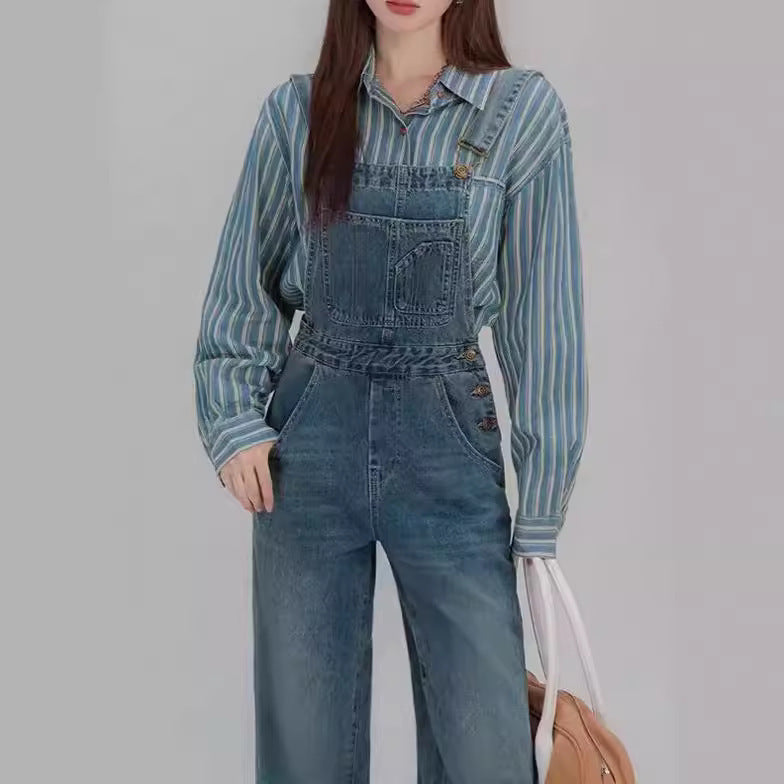 Blue Shoulder Strap Jeans Loose Straight Slimming Shirt