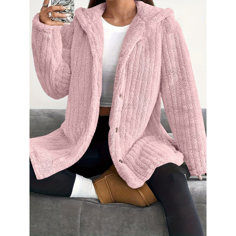 Women's Solid Color Long Sleeve Hooded Loose Plush Coat