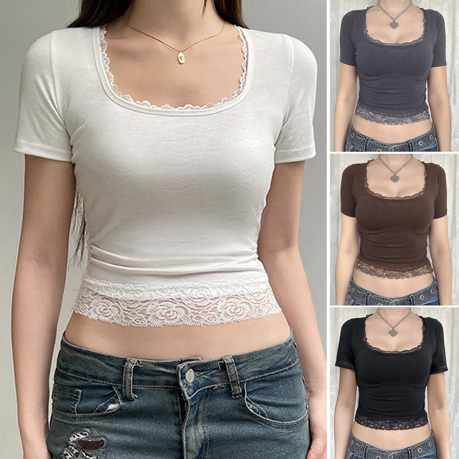 Y2g Solid Color Lace U-neck Sexy Midriff-baring Short Sleeve Top T-shirt Women's Clothing