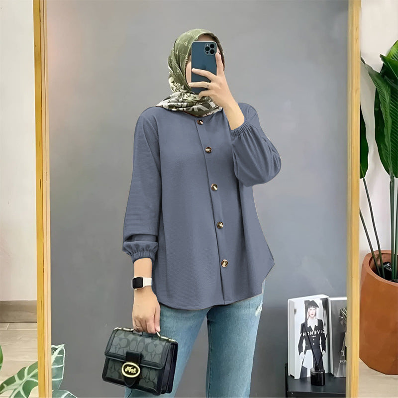 Muslim Ice Silk Wrinkle Stand-up Collar Literary Vintage Cardigan Loose Shirt Women